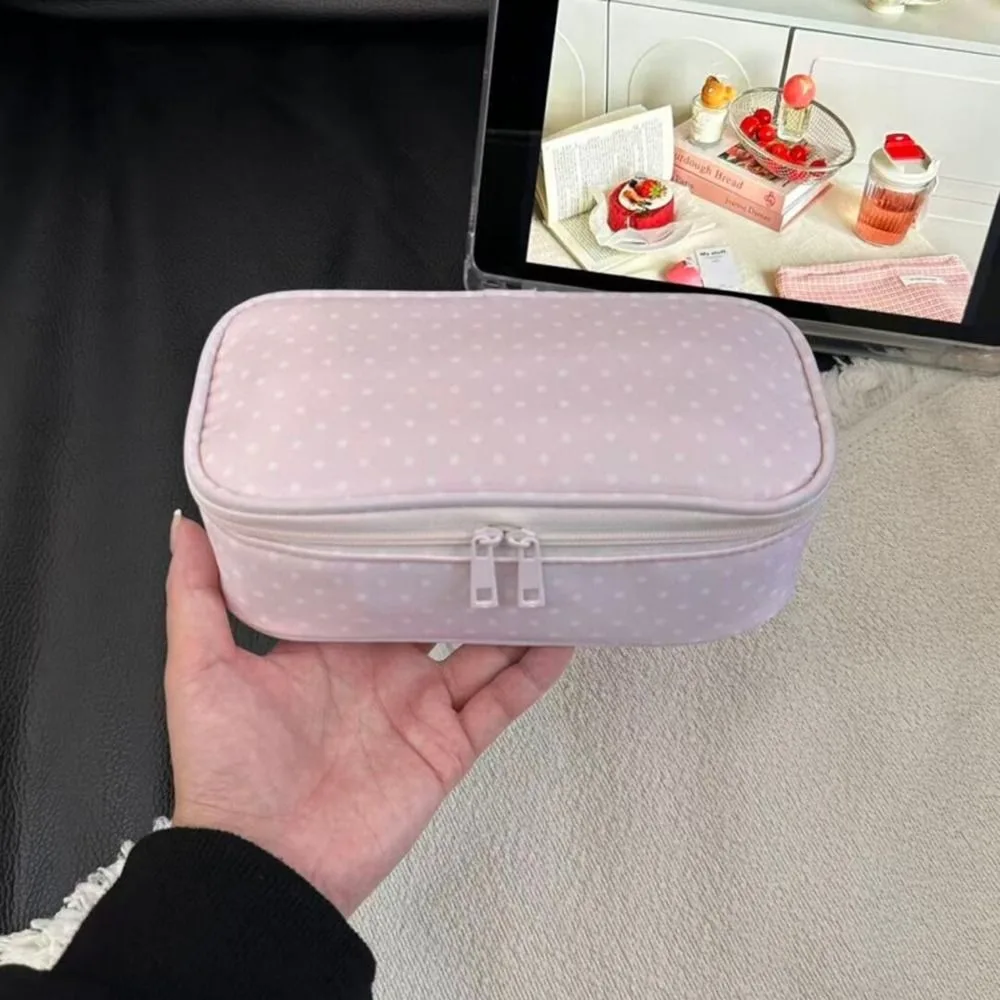 Portable Pink Polka Dot Pencil Case Multi-Use Large Capacity Pencil Pouch Makeup Bag Gift