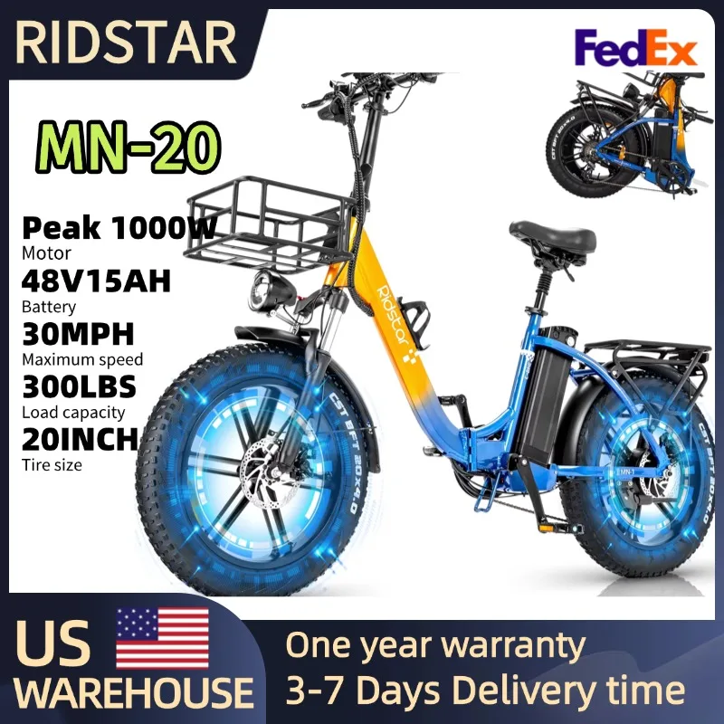 

Ridstar Folding Electric Bike 1000W 30MPH 48V 15Ah Removable Battery 20" Fat Tire City Commuter Foldable EBike for Women UL2849