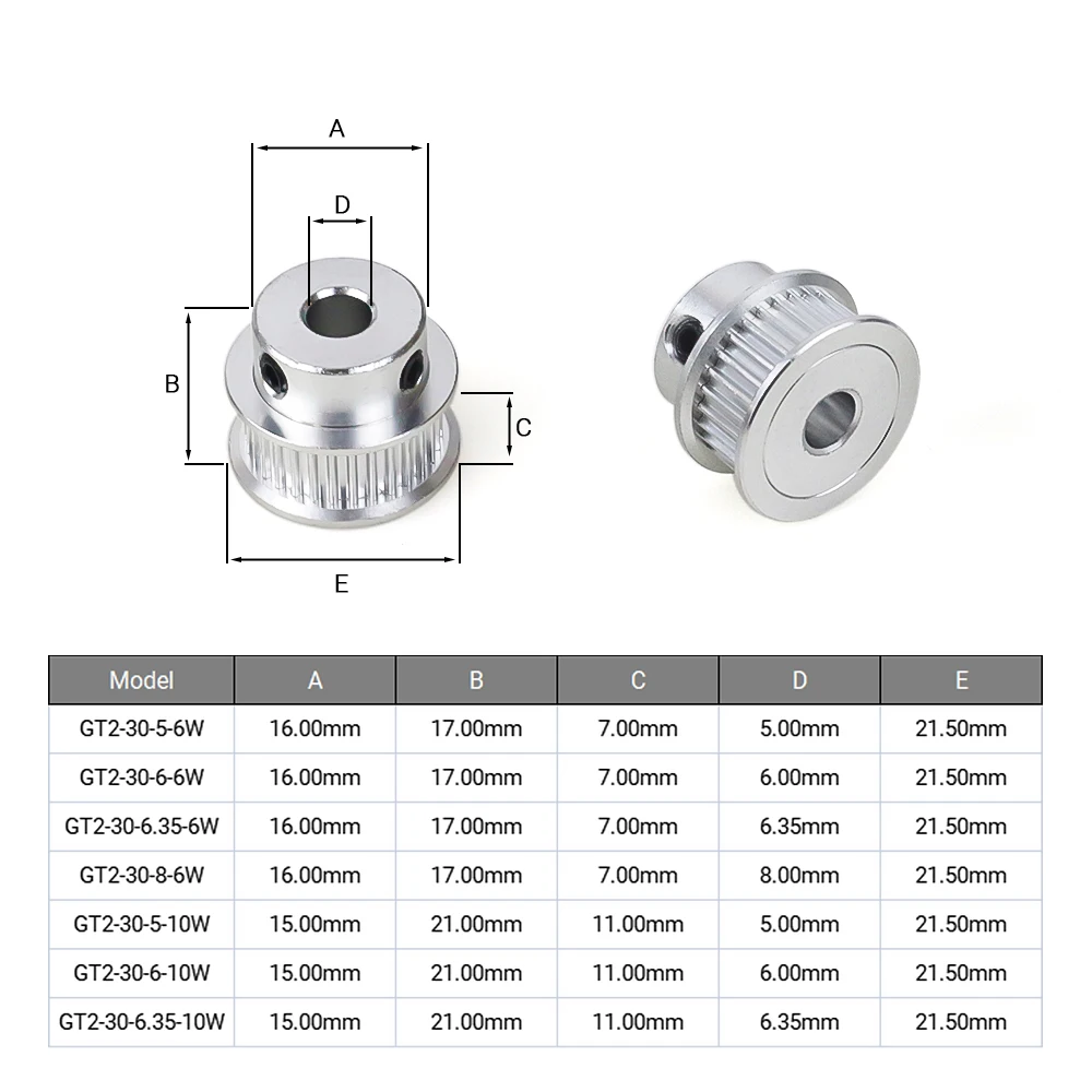 2Pcs GT2 30 Teeth Aluminum 2GT Timing Pulley Bore 5mm/6mm/6.35mm/8mm Belt Width 6mm/10mm for 3D Printer Parts