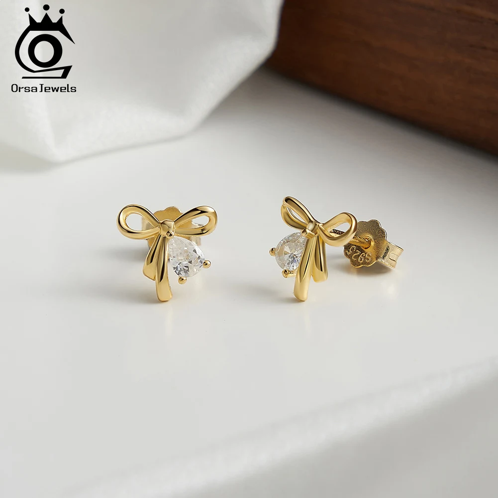 

ORSA JEWELS 925 Sterling Silver Bowknot Stud Earrings Water Drop Cubic Zirconia Fashion Jewelry Earring Decor For Women SE409