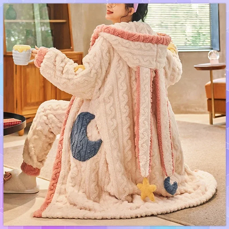 

Thicker Women's Pajamas Warm Sweet Hooded Nightgown Winter Flannel Kawaii Home Clothes Female Cute Soft Chic Robes 2XL