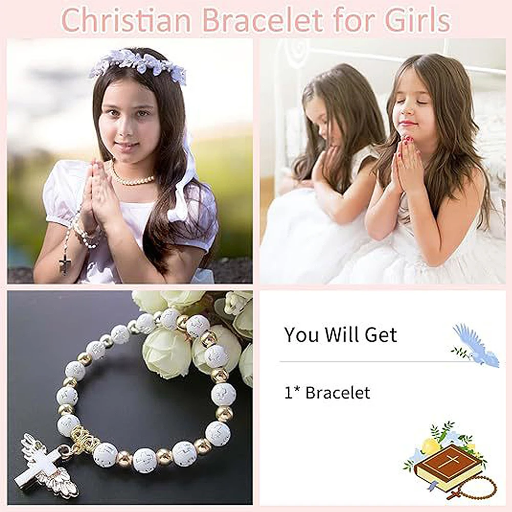 سوار مسبحة من خرز الأكريليك المتقاطع مع قلادة ملاك مطلية بالذهب - هدية معمودية دينية مجوهرات مصنوعة يدويًا (قابلة للتعديل) #6