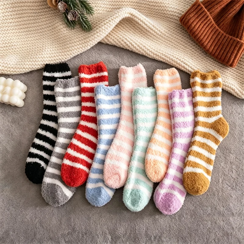 5 Pairs Random Dopamine Striped coral Fleece Sleep Socks for Autumn and Winter Thick Warm Midsole Home Socks Simple Floor Socks