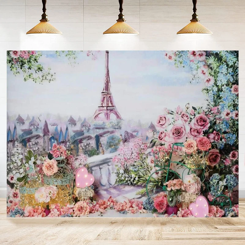 Eiffel Tower Photography Backdrop Oil Painting Pink Flower Cover Birthday Party Paris Spring Background Wedding Banner