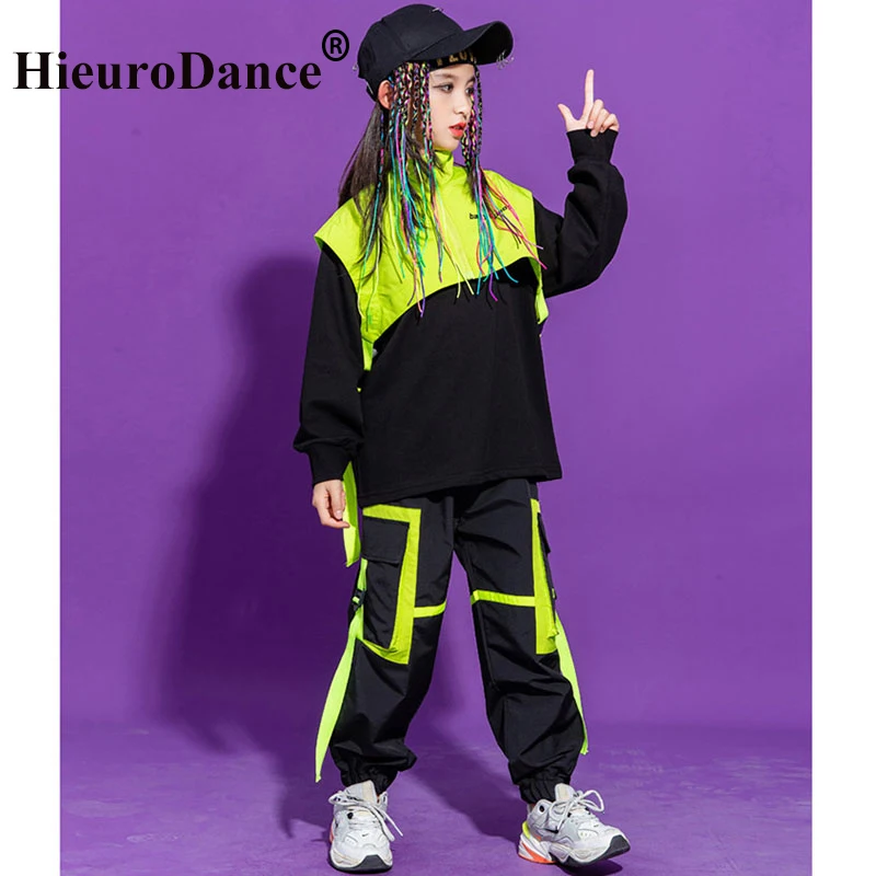 Costumi jazz per ragazze Abbigliamento hip-hop Abbigliamento da strada verde Pantaloni cargo Pantaloni hip-hop per bambini Abiti da ballo moderni