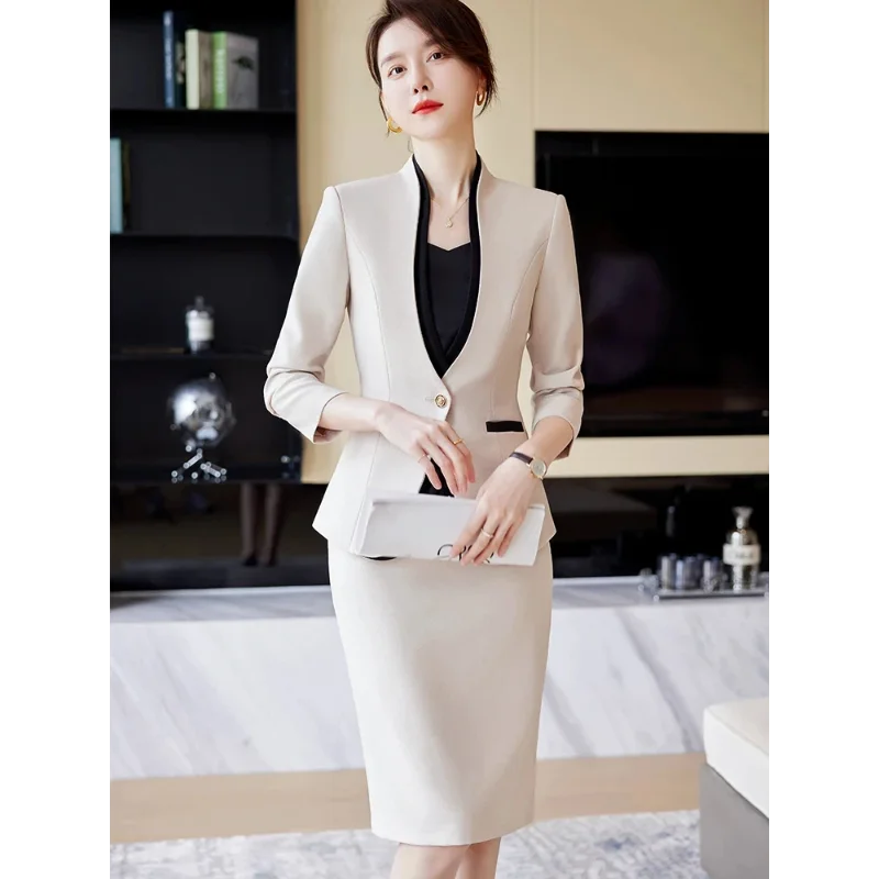 

2023 Elegant Formal Skirt Suit for Women Autumn Black Apricot Female 2 Piece Blazer Set Patchwork Fashion Office Ladies Clothing