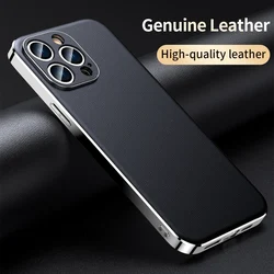 Genuine Cowhide Leather Phone Case for iPhone 17 16 15 11 12 13 14 Pro Max Air Luxury Plating Shockproof Lens Protection Cover