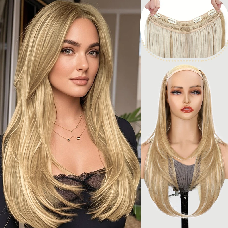 22-calowe syntetyczne długie proste warstwowe lekko kręcone przedłużenia włosów w kształcie litery V modne akcesoria do włosów dla kobiet