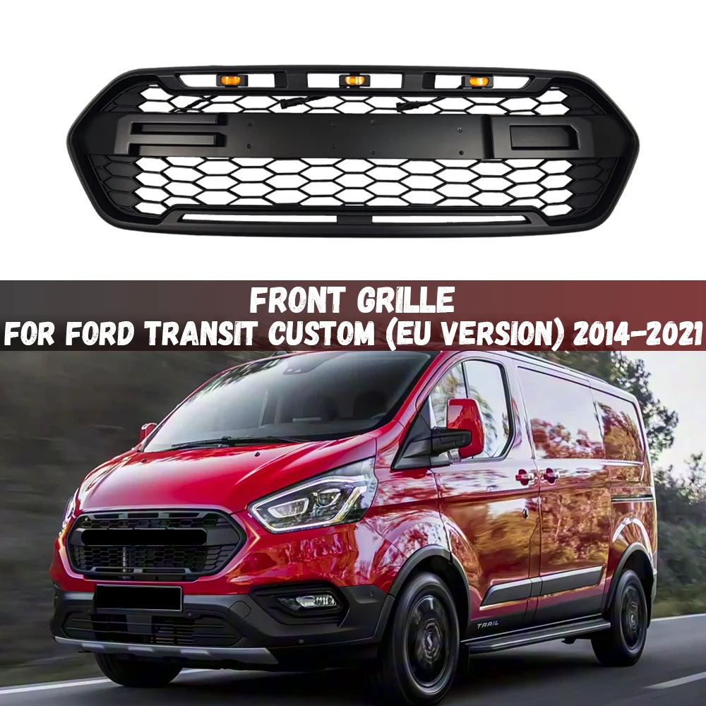 Car Front Grill Bumper Hood Honeycomb Mesh Grille W/ 3LED For Ford Transit Custom (European Version) 2014-2021