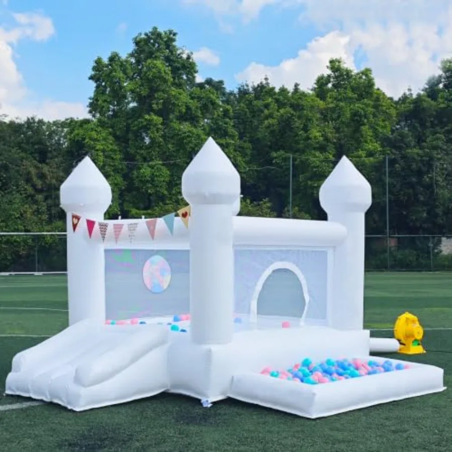 9FT 100 PVC White Bounce House for 3-6, Indoor/Outdoor Inflatable Castle with Blower Durable, Safe, Easy Setup