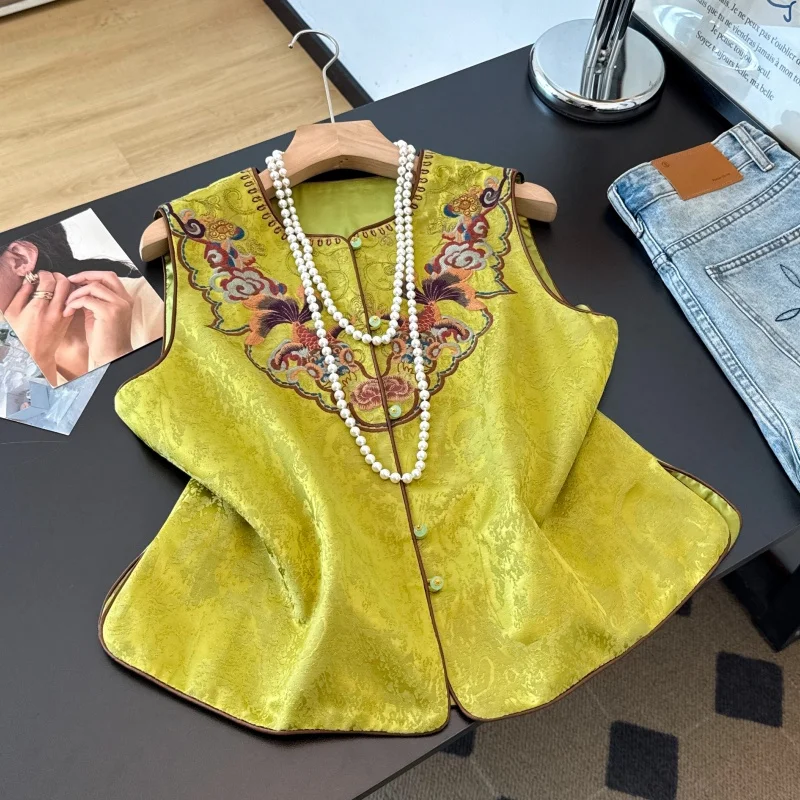New Chinese Style Tang Suit Embroidered Heavy Embossing Button up Hanfu Retro Vest Top Women's Ethnic Fashion Stage Costume