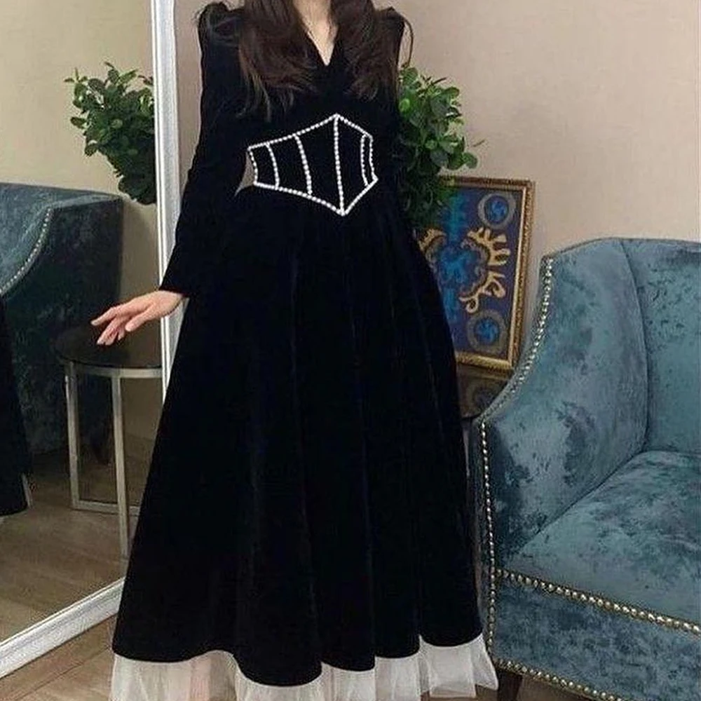 Customized Delicate Crystal V-Neck Ankle Length A-Line Evening Dress Elegant Velour Long Sleeves Pockets Vestidos Para Mujer