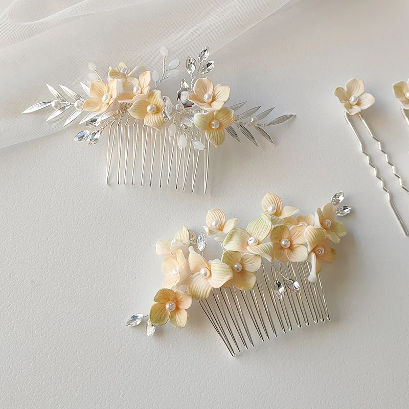 Yellow Green Gradient Ceramic Flower Hair Comb Pins Accessories Women Headpiece for Bride Wedding