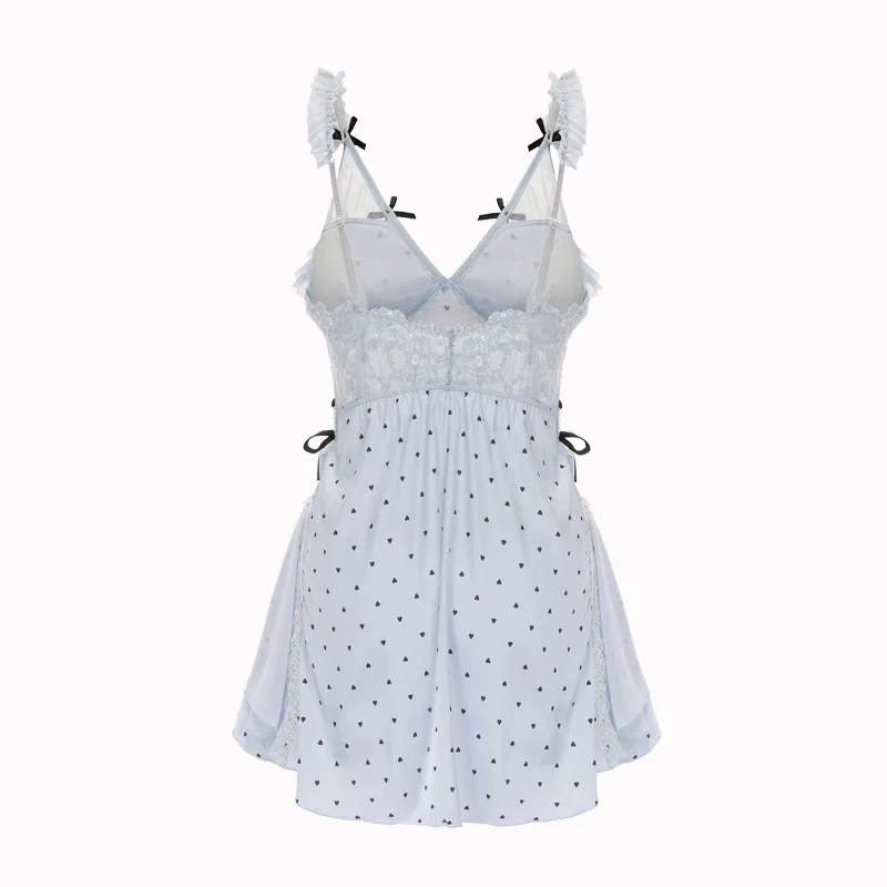 

Sexy Lingerie Satin Heart Print Padded Push Up Deep V Ruffle Mesh Slip Nightgown Robe Set Women Hot Erotic Babydoll Underwear