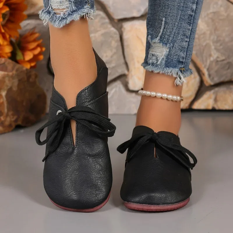 Retro Round Toe Women's Flat Shoes 2024 Autumn New Women Work Shoes Comfortable for Work Casual Lace-up Flat Casual Shoe Zapatos