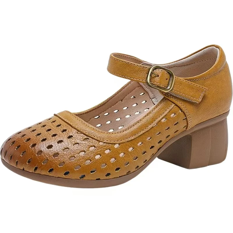 

Women Genuine Leather Hollow Out Block Heel Sandals Summer New Soft Sole Round Toe Breathable Velcro High Heel Modern Sandals