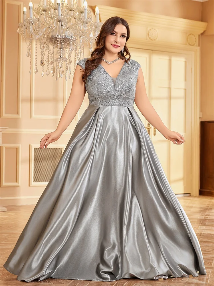 XUIBOL Plus Size abito da sera con scollo a v in raso grigio di lusso elegante 2024 abito da Cocktail con lunghezza del pavimento della festa