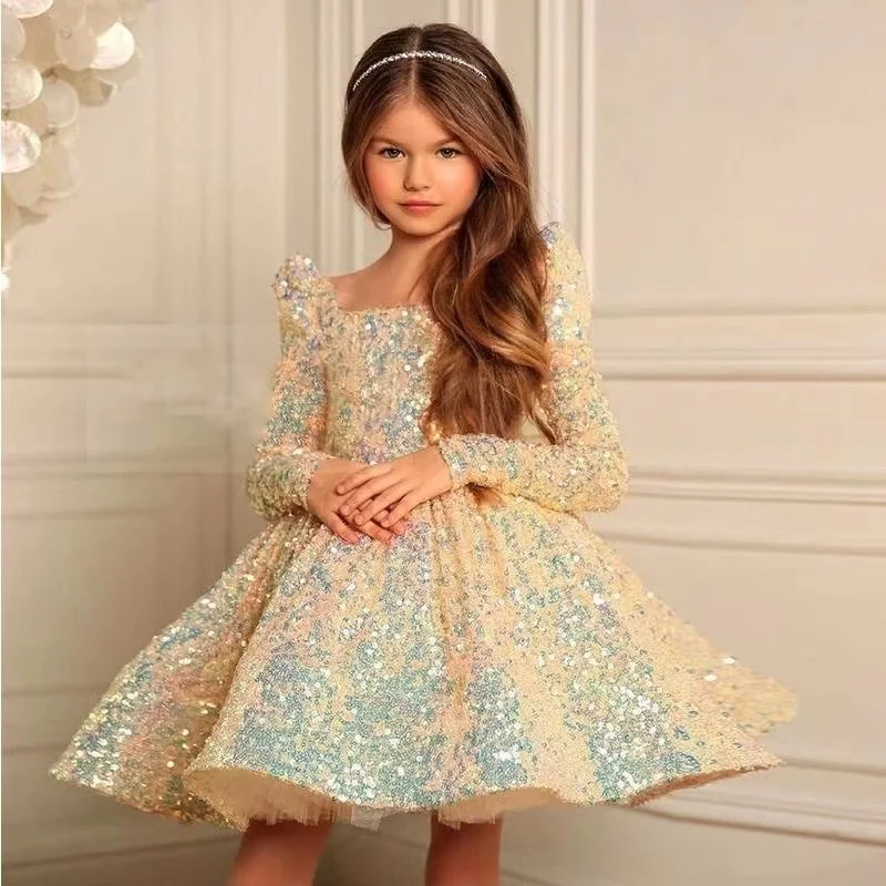 

Kids Girl Sequin Birthday Short Style Flower Children's Spring and Summer Ball Gown Girl Dress Princess Party Evening Dress