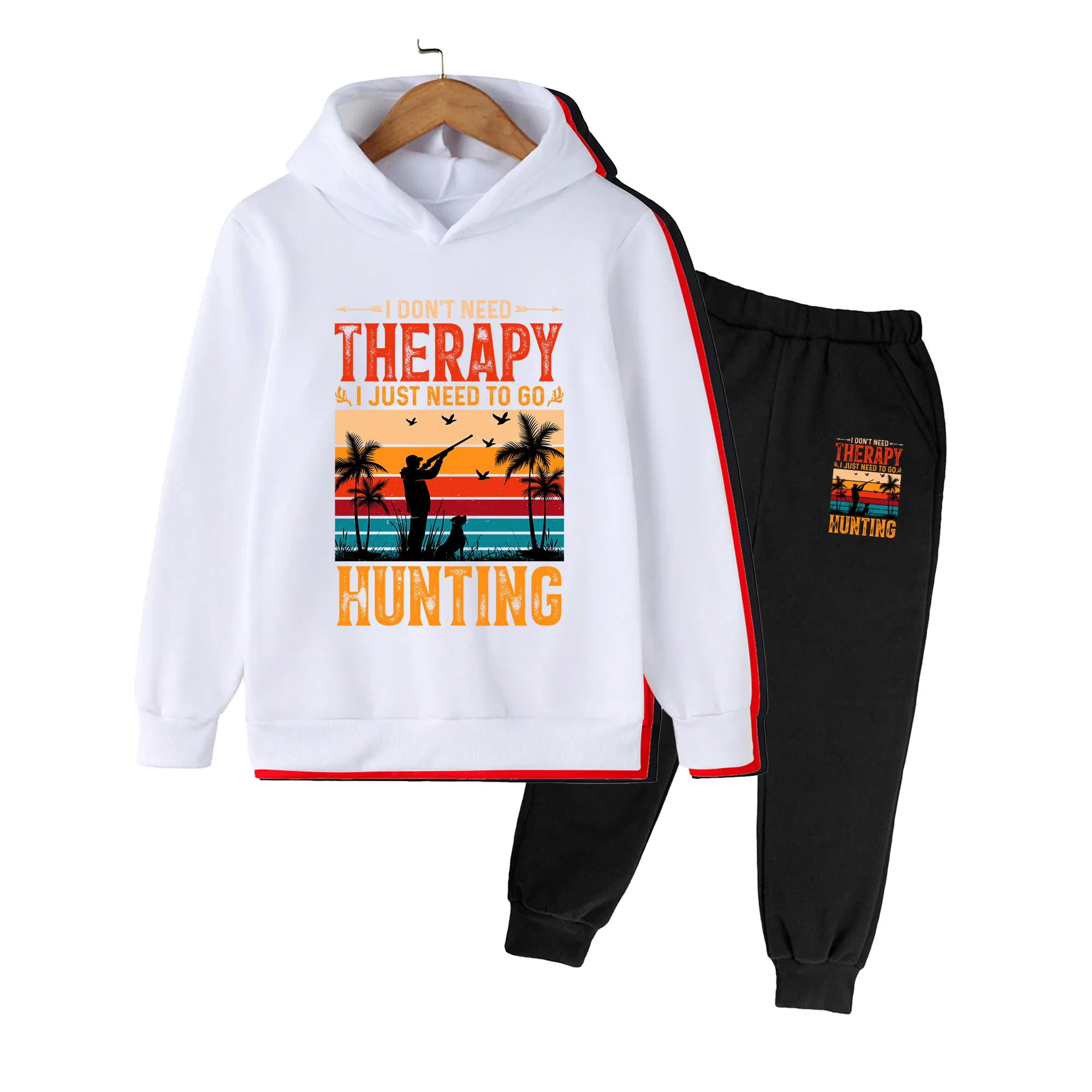 Kids Hoodie & Sweatpants Set, Retro Hunting Print Casual Tracksuit, Outdoor Sports Daily Wear for Boys Girls