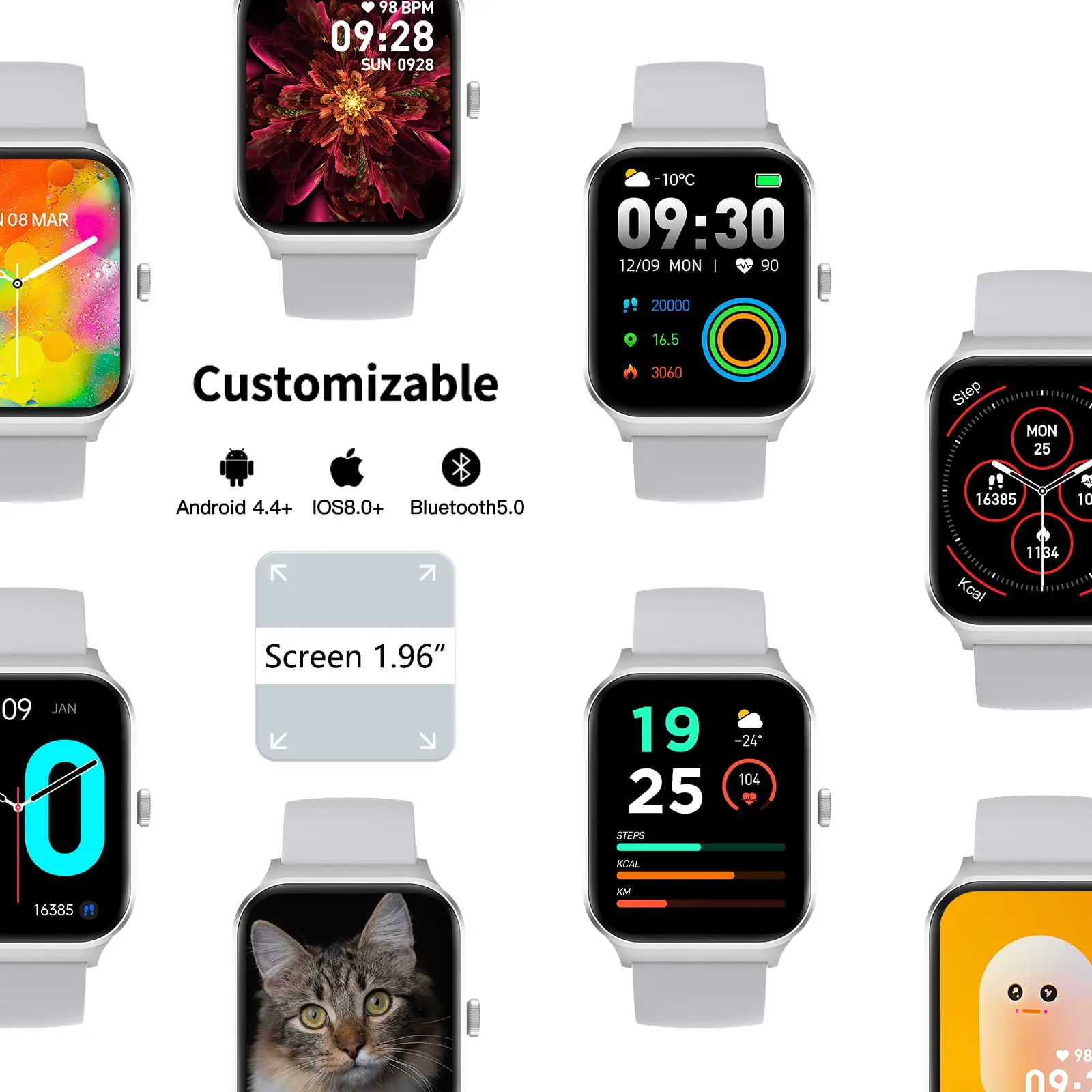 Reloj inteligente P60 con Bluetooth, dispositivo resistente al agua con pantalla táctil de 1,96 pulgadas, control del ritmo cardíaco y del estrés, para teléfonos Android e iOS