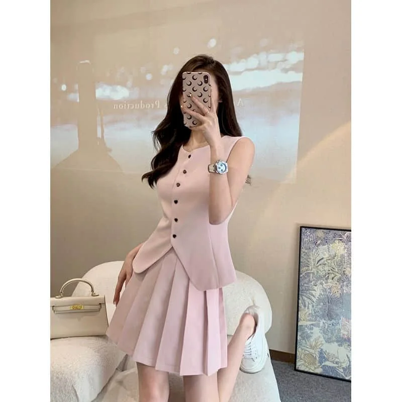 Two Piece Sets Women Outfits Casual Korean Fashion Dress Sets Summer Preppy Style Loose Sleeveless Vest Blazer Pleated Skirts