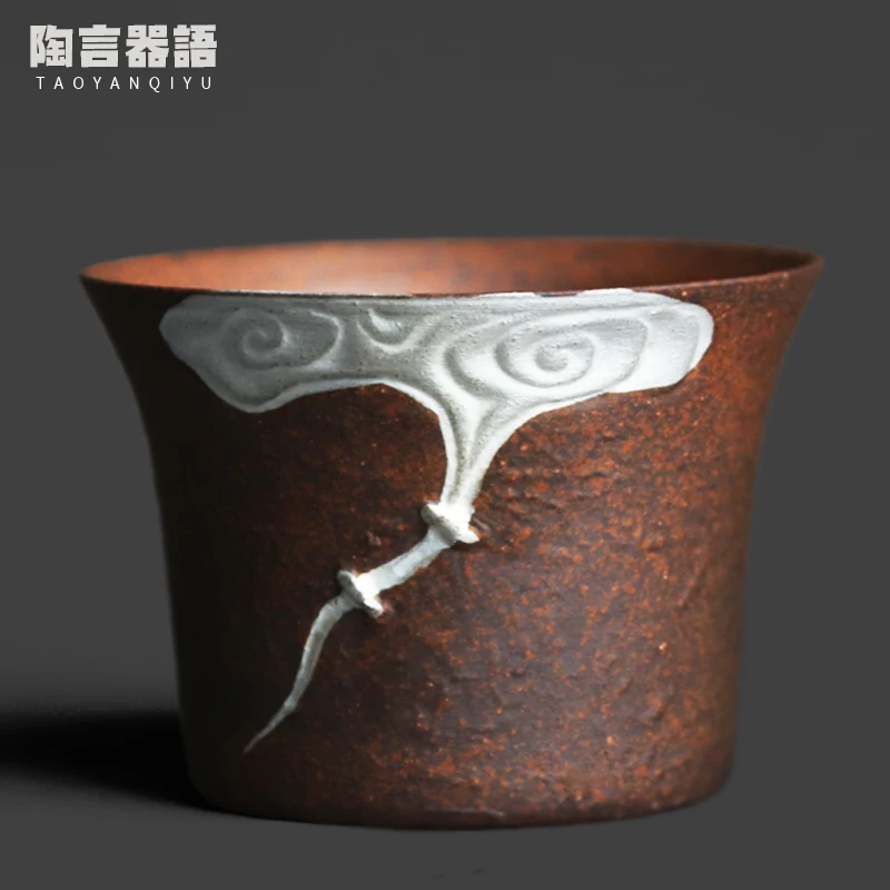 Rough Pottery Old Rock Clay Embossed Clouds Painted Silver Teacup New Chinese Handmade Pottery Drinking Single Cups