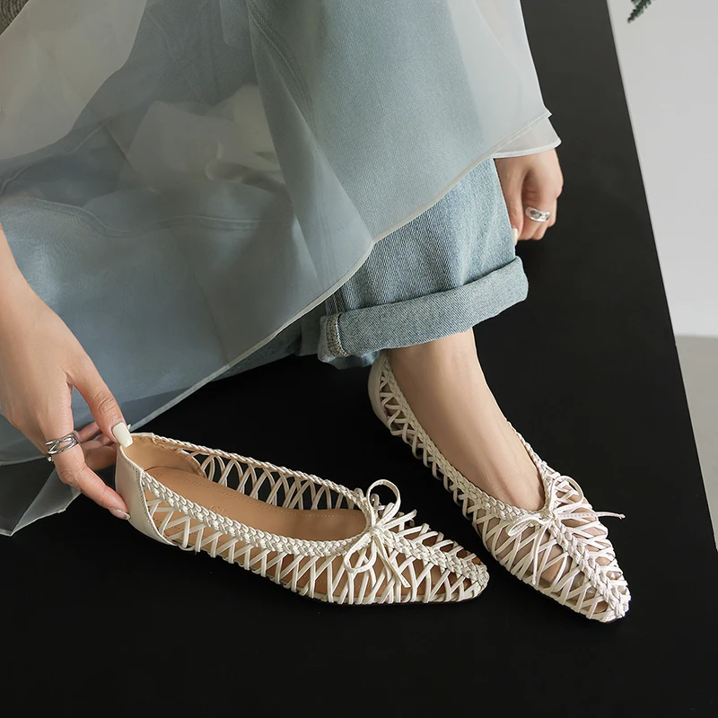 2026new summer women sandals natural leather 22-25cm weave microfiber+cowhide+sheepskin cross-tied  low heel women shoes fashion