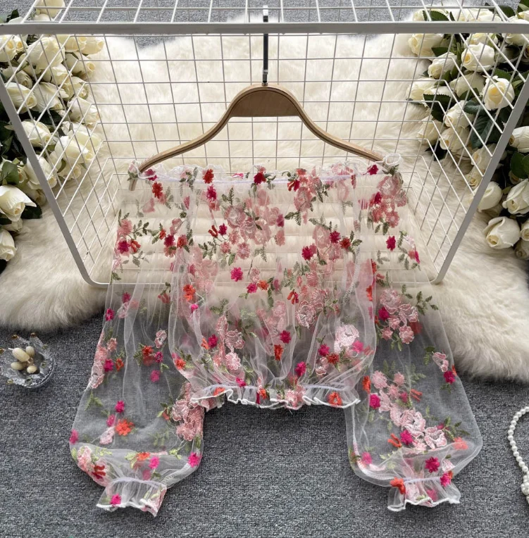 

Straight shoulder mesh embroidery see-through shirt women