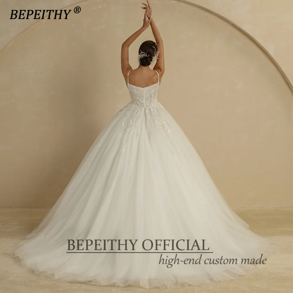 BEPEITHY Customized Luxury Wedding Dresses For Women Spaghetti Straps V Neck Court Train Glitter Bride Beading Bridal Ball Gown