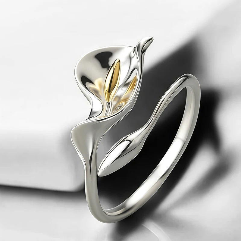 Huitan Two-Tone Calla Lily Open Adjustable Ring for Women Simple Elegant Flower Floral Rings Daily Party 2026 Statement Jewelry