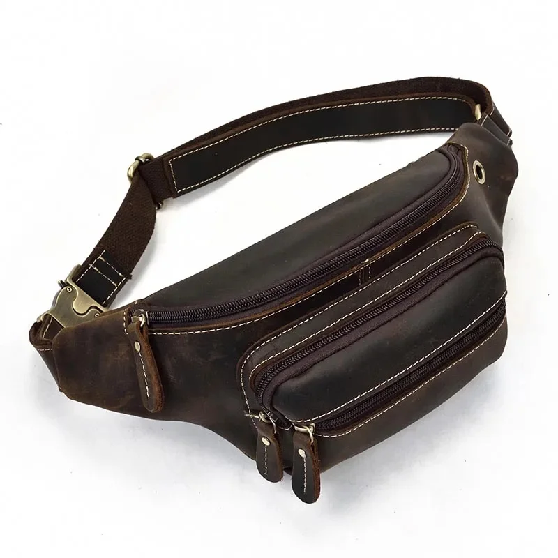 

MAHEU leather belt pouch men casual cowskin waist bags of male crazy horse pack with earphone hole fanny