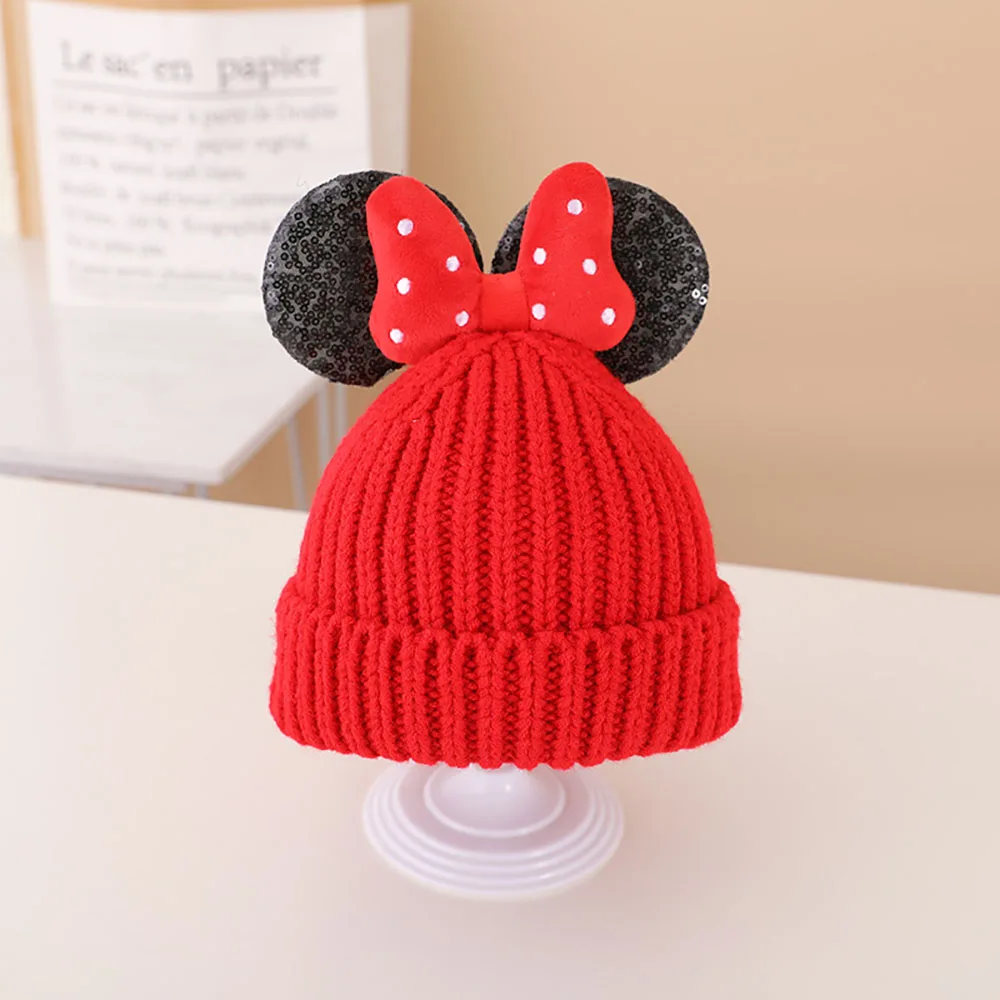 Disney Baby Hats Solid Color Minnie Beanies Girls Winter Warm Hats Cute Bowknot Knitted Caps Kids Beanies Bag Set Children Gifts