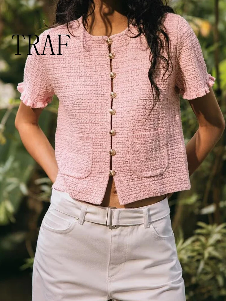 

TRAF European and American style summer new women's clothing layered decorative round neck short sleeve knitted metal button jac