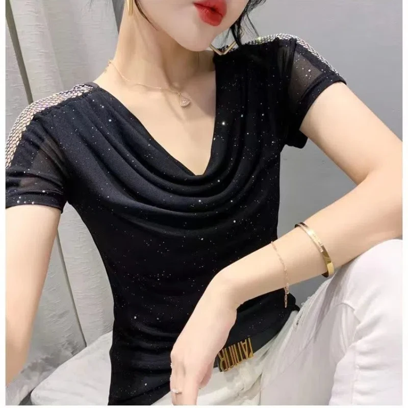Temperament Net Yarn T Shirts Summer New Short Sleeve Solid Color Patchwork Slim Office Tops Tees Fashion Elegant Women Clothing