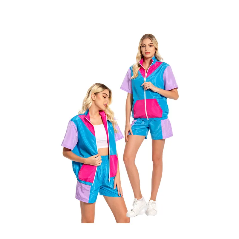 

Women Retro 80s Cosplay Costume Girls Vintage Disco Dance Multicolor Short Sleeve Jacket Coat Sportwear Outfits Halloween Suit