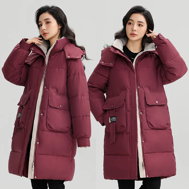 Maxi Coats Parkas Women Autumn Winter Jacket Thick Warm Loose Casual Hooded Zipper Stand Collar Pockets Elegant Splice Coat