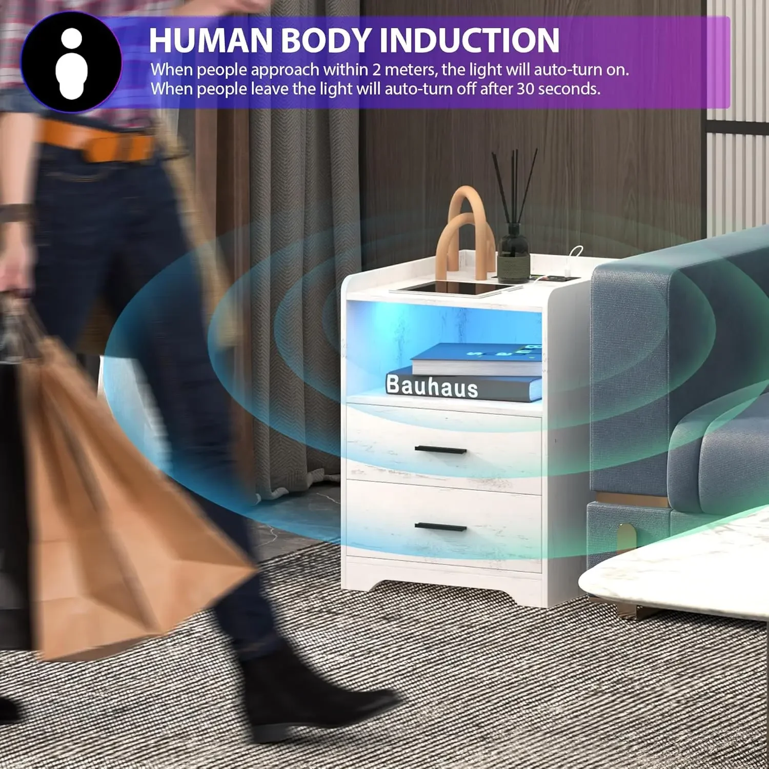 LED Nightstand with Wired/Wireless Charging Station, Night Stand with 24-Color RGB Lights, Modern Side Table, Smart Nightstands