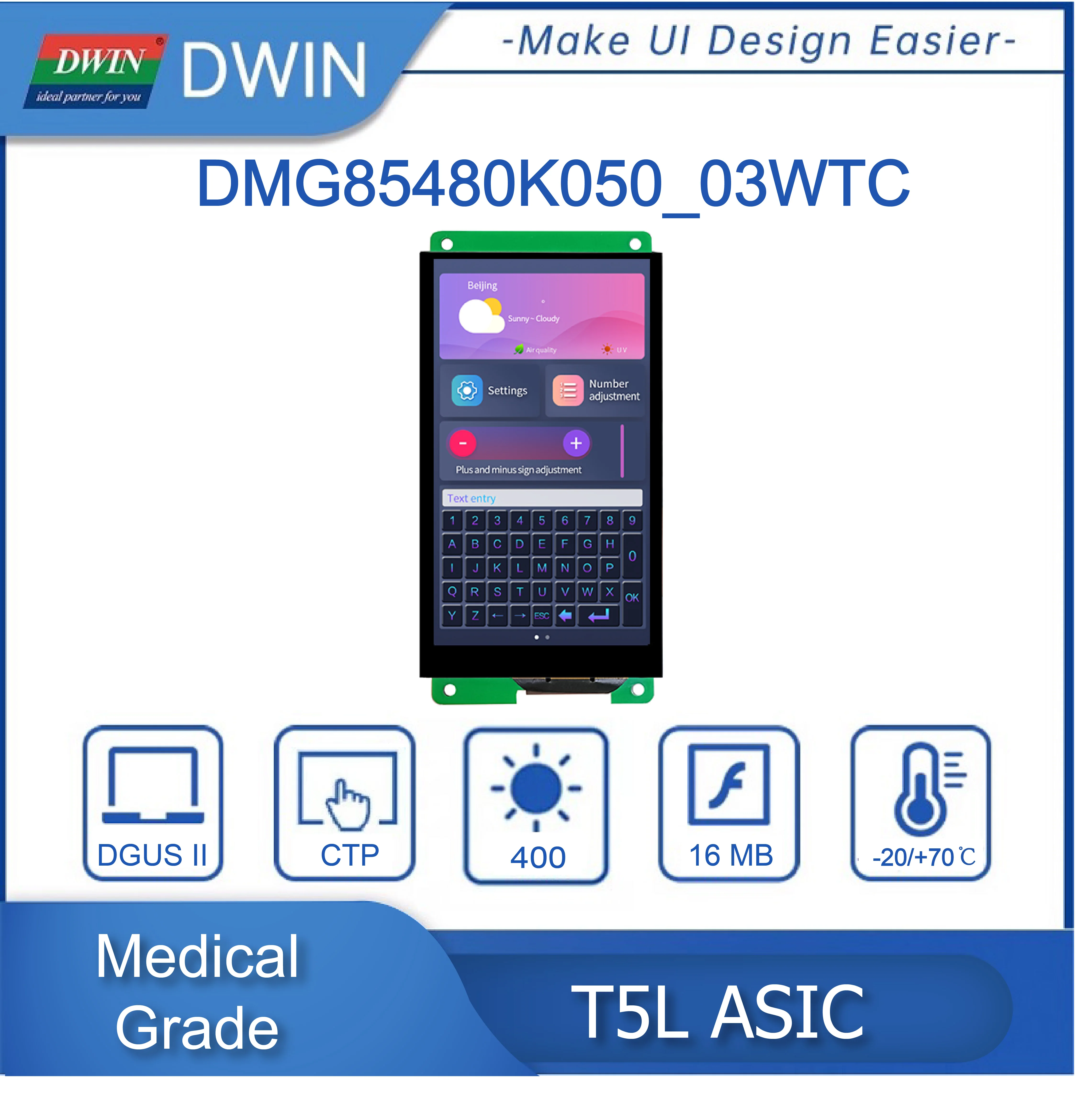 DWIN 의료 등급 16.7M 색상 IPS-TFT-LCD, RS232, RS485, UART LCD 모듈, 스마트 터치, HMI DMG85480K050_03W, 5.0 인치, 480x854 픽셀