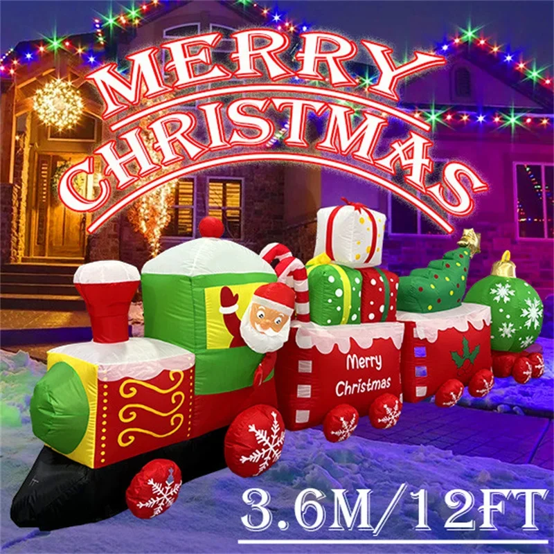 3.6M/12FT Christmas Inflatable Decoration Overlength Christmas Train with Santa Claus Iflatable Moldel with LEDs Home Xmas Decor