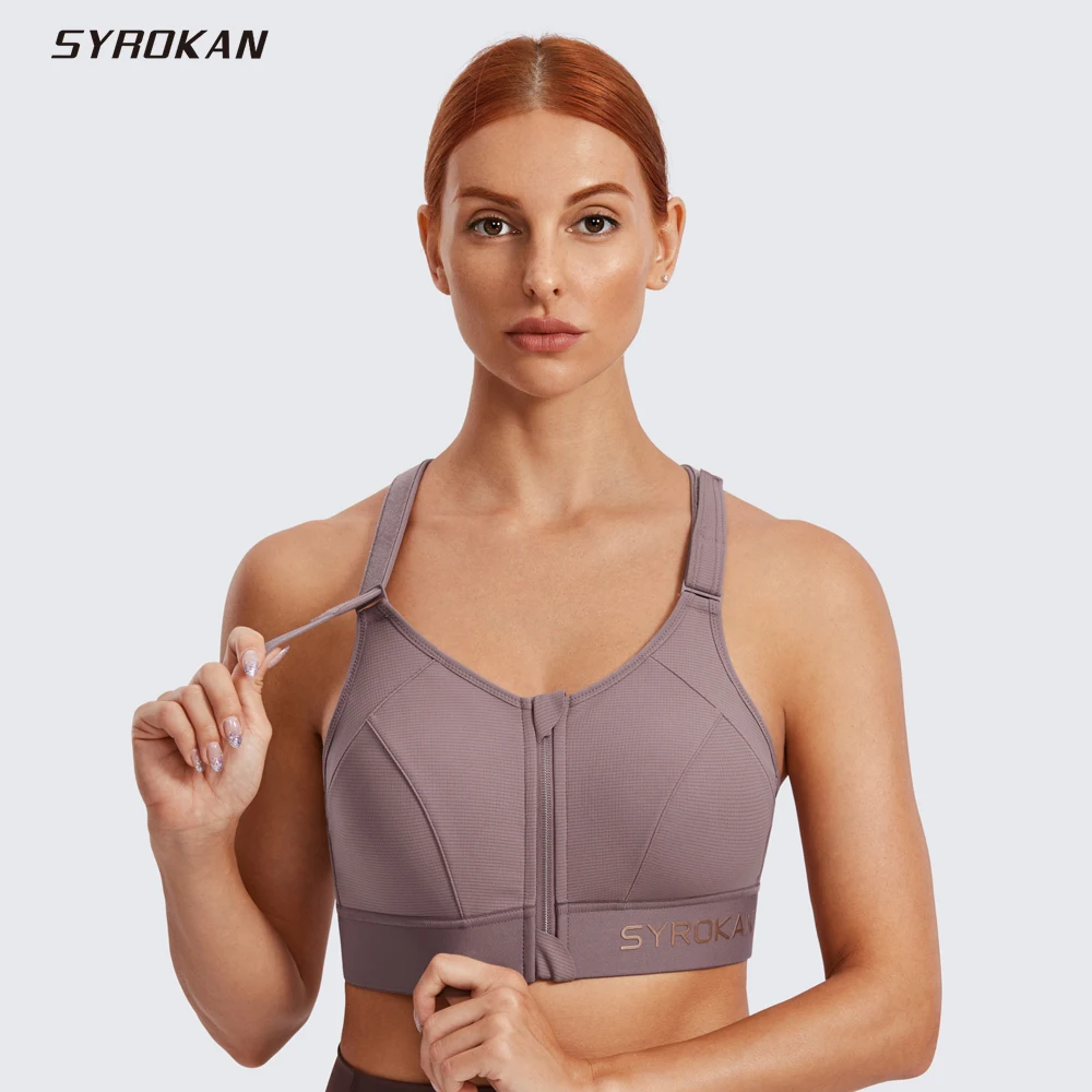 

SYROKAN Women's High Impact Zip Front Adjustable Straps Strappy Back Wirefree Padded Workout Sports Bra