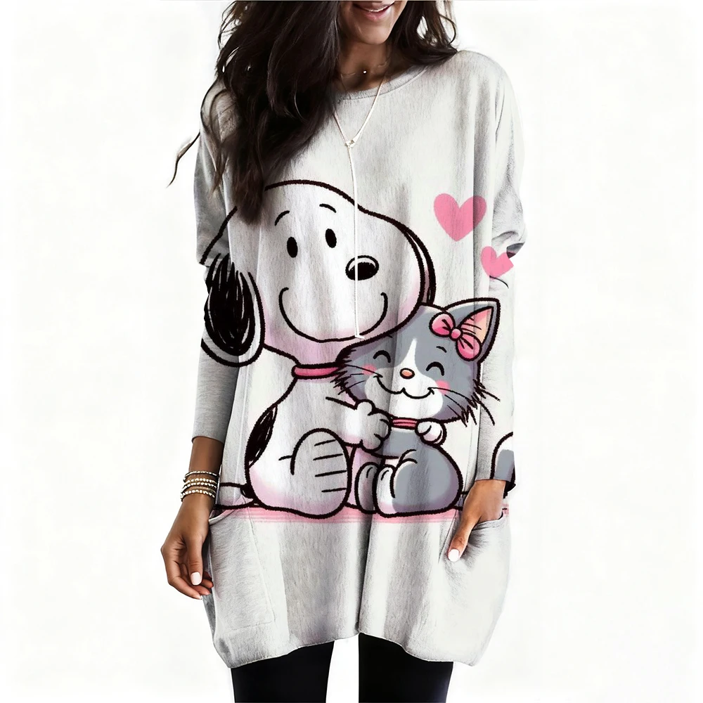 Snoopy imprimé T-Shirt femmes mode décontracté surdimensionné à manches longues T-shirt femmes vêtements hauts t-shirts tunique Mujer robe ﻿