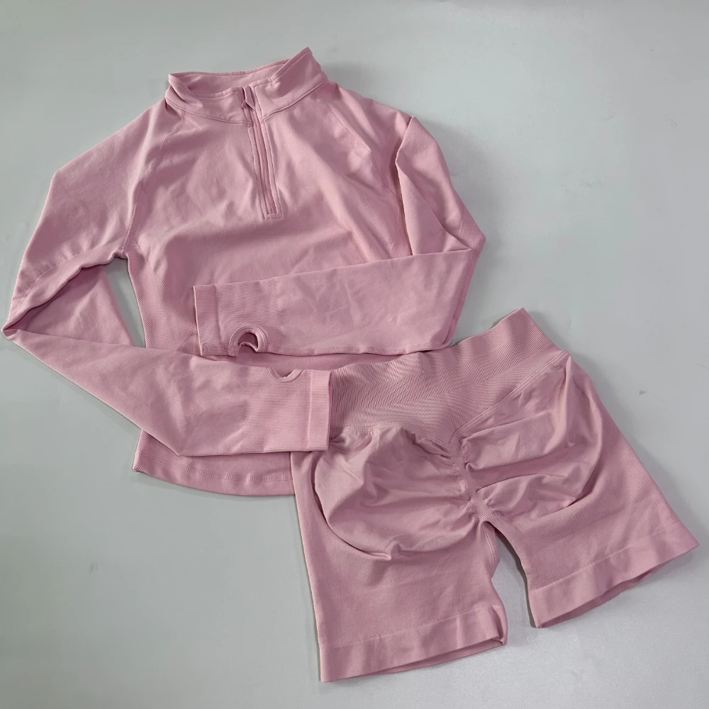 Pericic 2-teiliges Langarm-Yoga-Set für Damen, Halb-Reißverschluss-Jacke, Langarm-Sporttop, Gym-Shorts, Fitnessanzüge, Laufjacken, Workout-Set – Detail 16