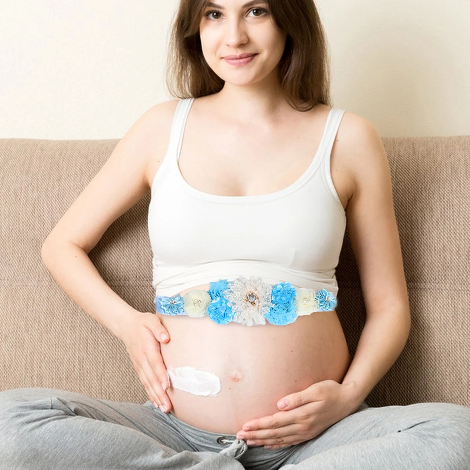 

2Pcs Maternity Belt Pregnancy Sash Sky Blue Polyester Floral Belts Women Adjustable Waist Support Photo Prop Baby Shower Mommy