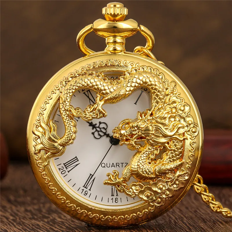 Steampunk Hollow Out Chinese Dragon Design Retro Quartz Movement Pocket Watch for Men Women with Necklace Chain Roman Number