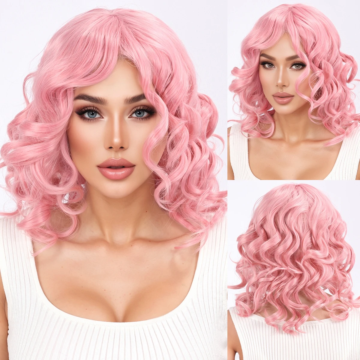 Cross-border Best-Selling Amazon Pink Short Curly Hair Rolls-Synthetic Fiber Wig