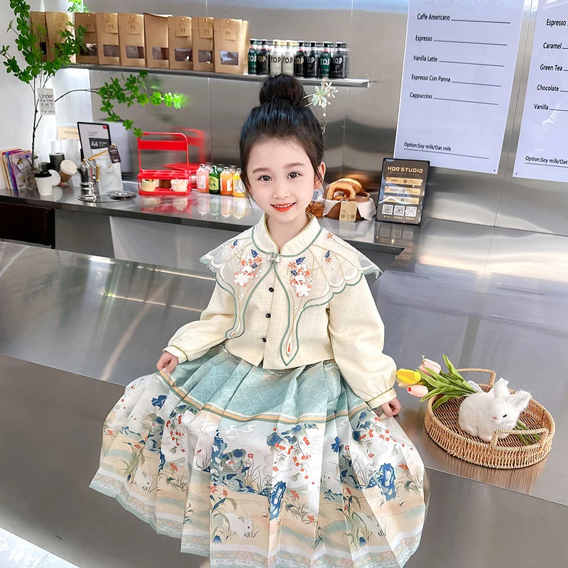 

Girls Hanfu Super Immortal Horse Face Skirt 2023 Autumn Winter New Children's Set Ming Made Tang Suit Ru Skirt 2 Pcs Set