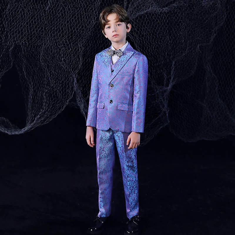 Children Shining Purple Red Slim Luxurious Jacket Vest Shirt Pants Bowtie 5P Dress Boys Photograph Suit Kids Performance Costume