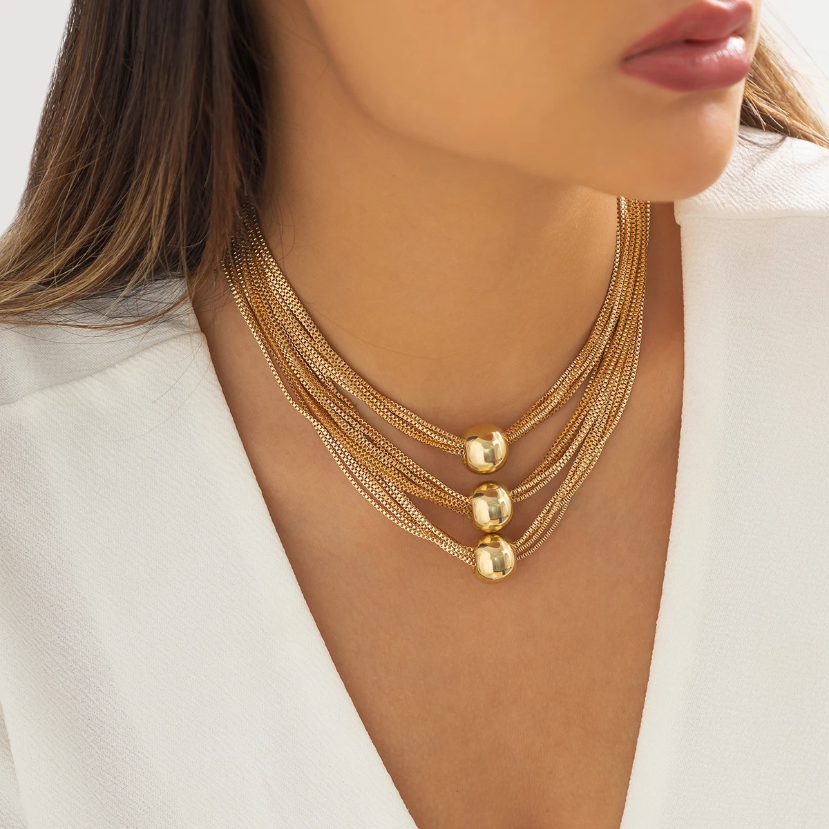 IngeSight.Z wielowarstwowy przesadny materiał CCB duży naszyjnik typu choker z kulką dla kobiet w stylu Vintage złoty kolor masywny łańcuszek do obojczyka — zdjęcie 4