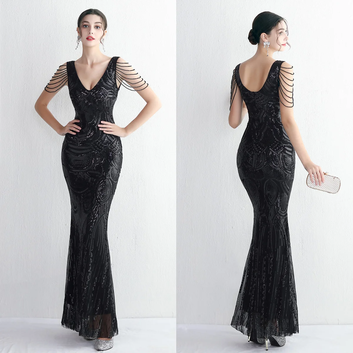 

Evening Dress Black Sequins Beads V-neck Sleeveless Zipper Back Mermaid Trumpet Floor Length Women Party Formal Gown YE478