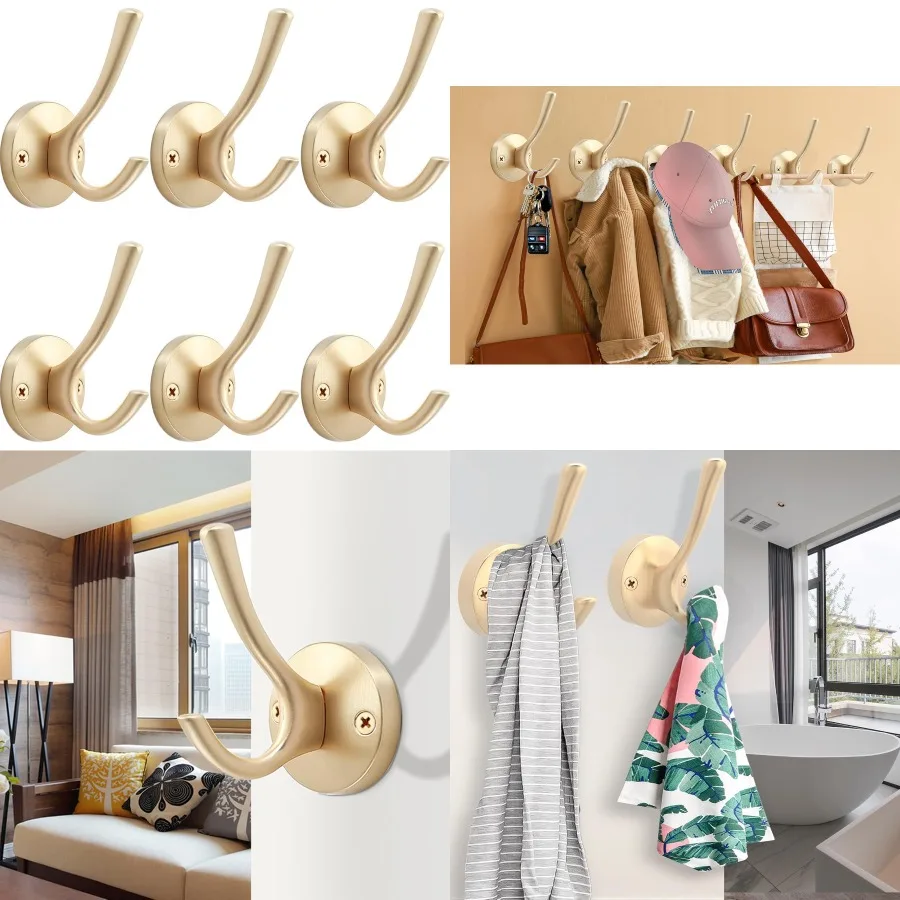 

Gold Wall Hooks 6 Pack Heavy Duty Metal Double Coat Robe Hook Wall Mounted for Bathroom Cubicle Kitchen Closet Garage Durable H